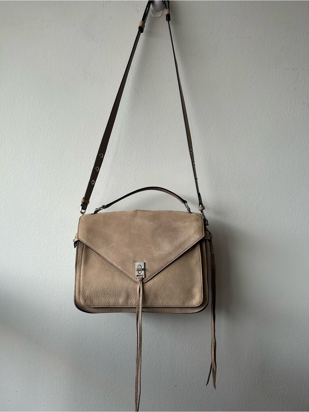 Rebecca Minkoff Darren Messenger Bag in a taupe/sand suede-and-leather finish